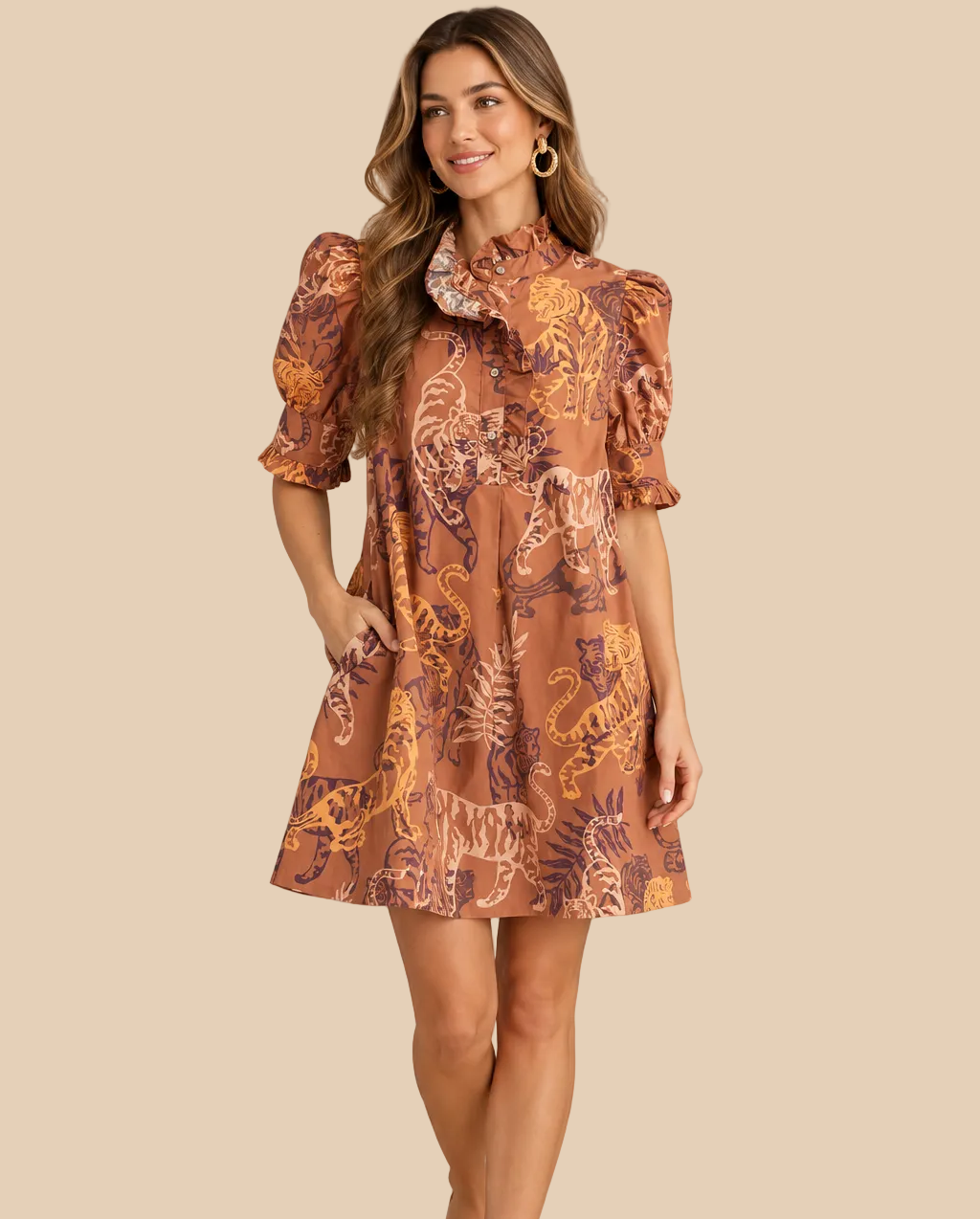 Tiger Patterned Ruffle Neck Mini Dress