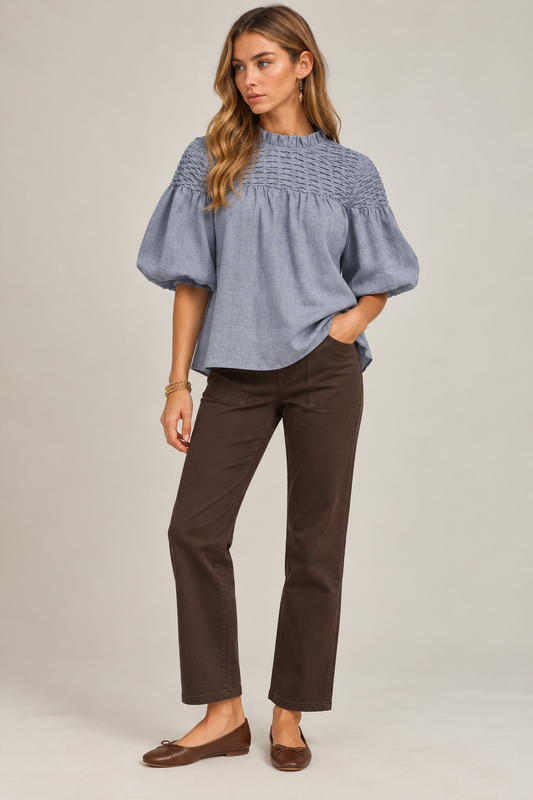 Denim Blue Bubble Sleeve Blouse