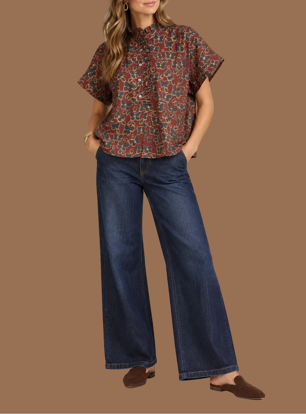Wine Floral Print Ruffled Neckline