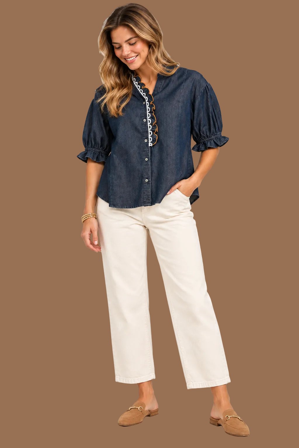 Indigo Chambray Scalloped Button Front Blouse