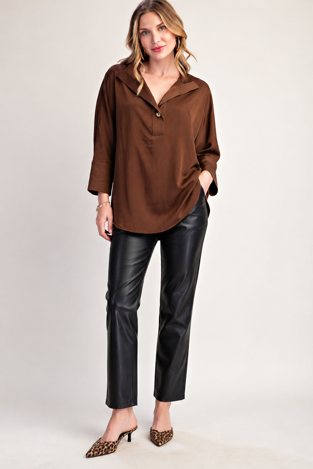 Collar Neck Chocolate Button Placket Shirt