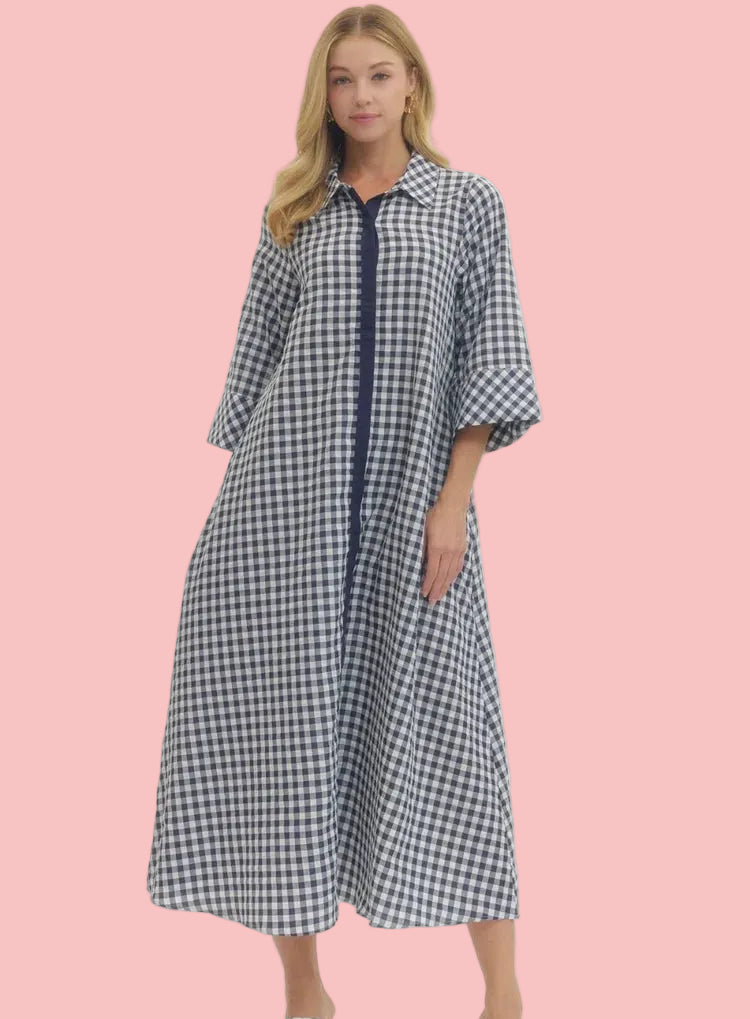 Navy Gingham 3/4 Sleeve Midi Dress