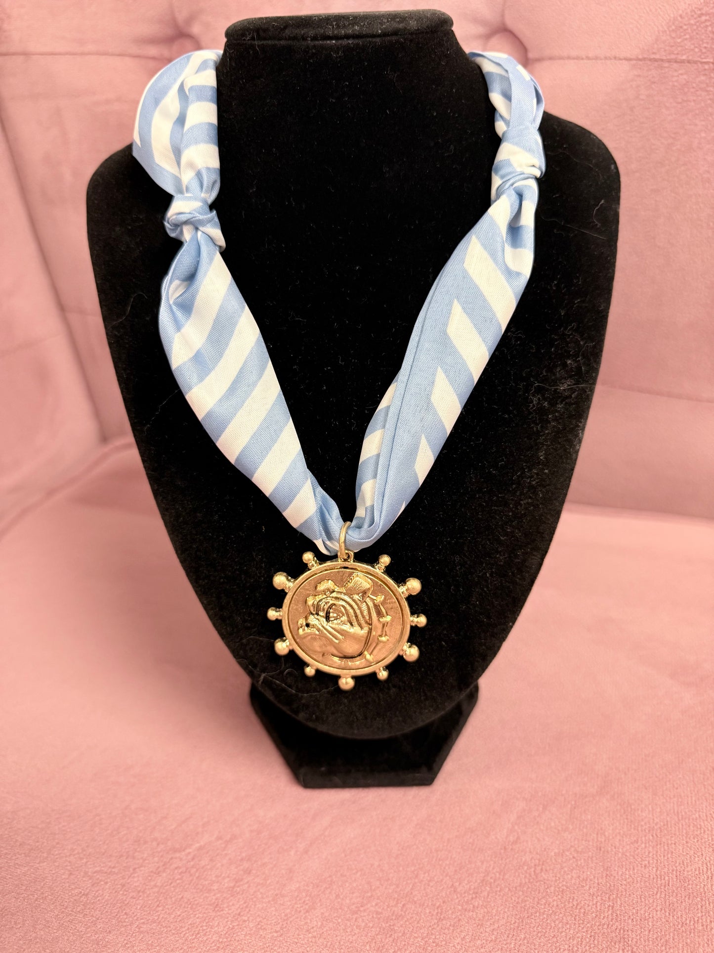Bulldog Face Medallion Light Blue/White Striped Scarf Necklace