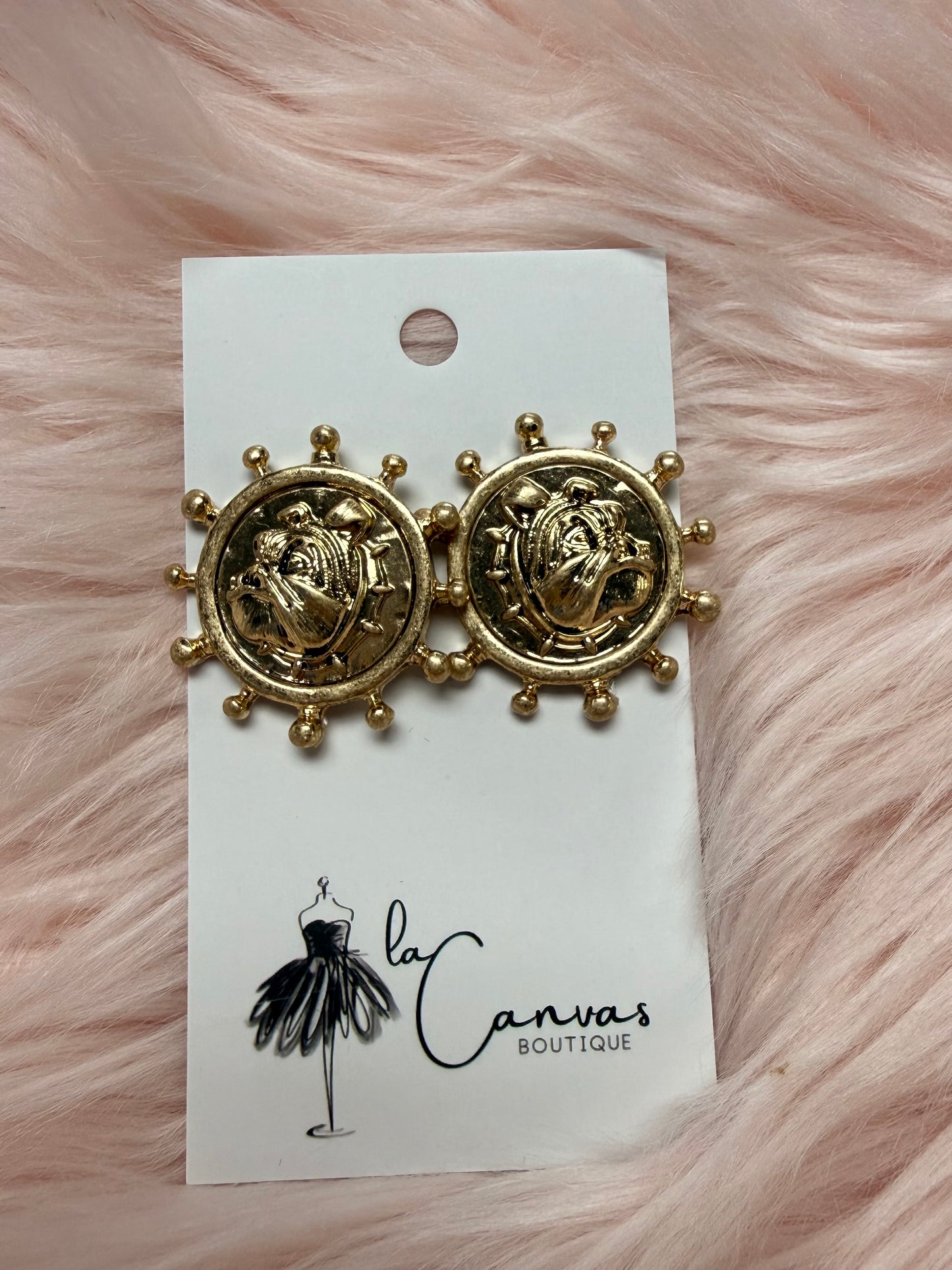 Bulldog Face Coin Earrings with Gold Bead Rim