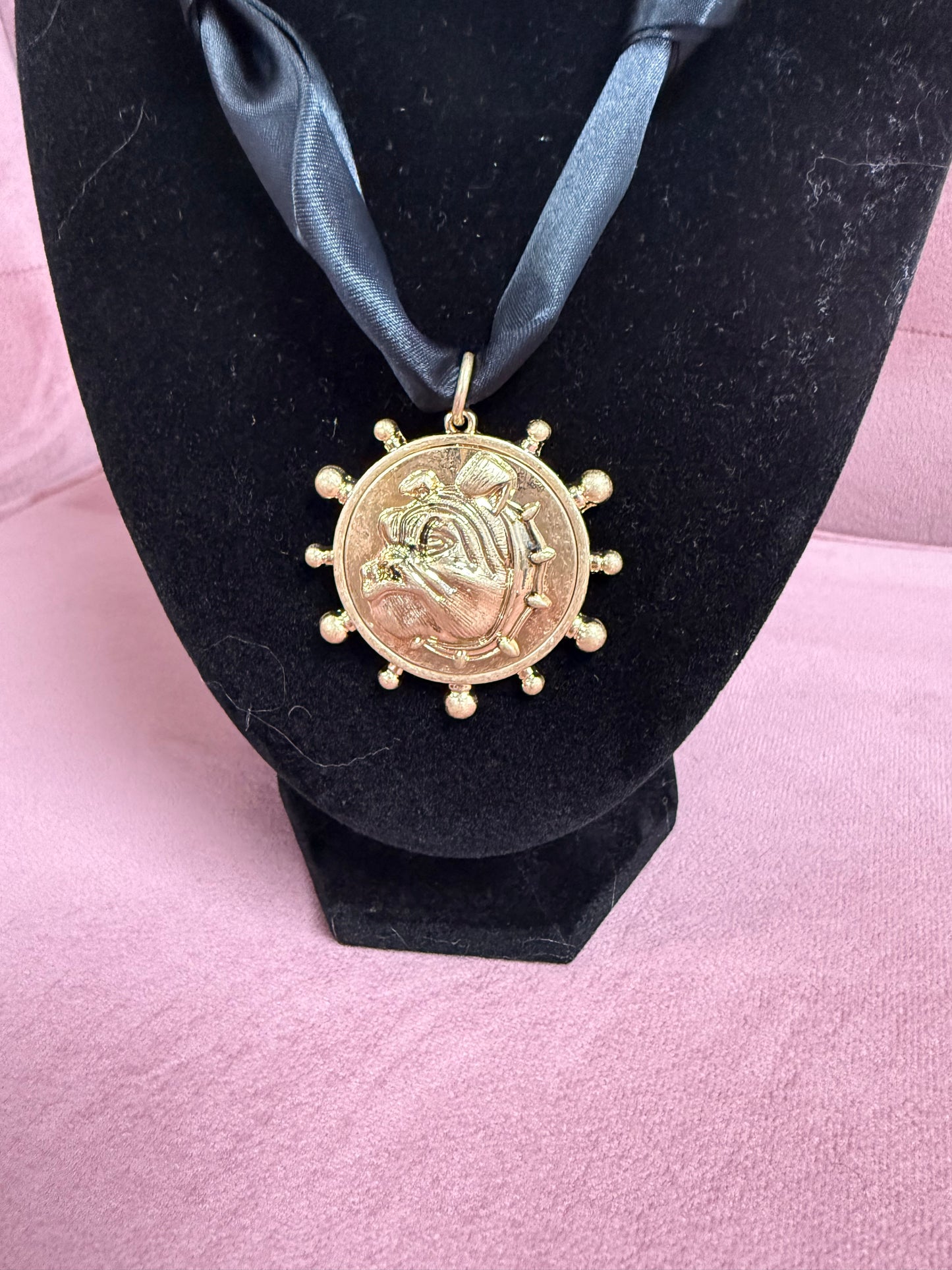 Bulldog Face Medallion Black Scarf Necklace