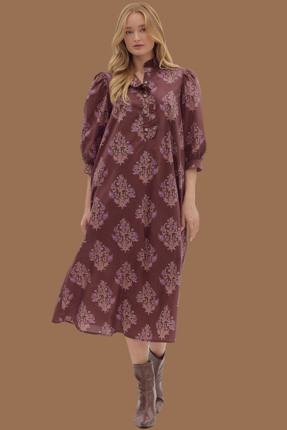 Burgundy Botanical Midi Dress