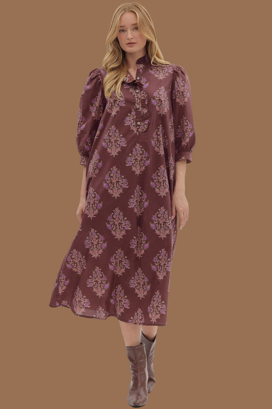 Burgundy Botanical Midi Dress