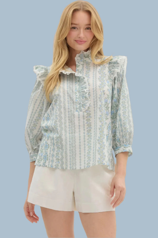 Blue Floral Print 3/4 Puff Sleeve Top