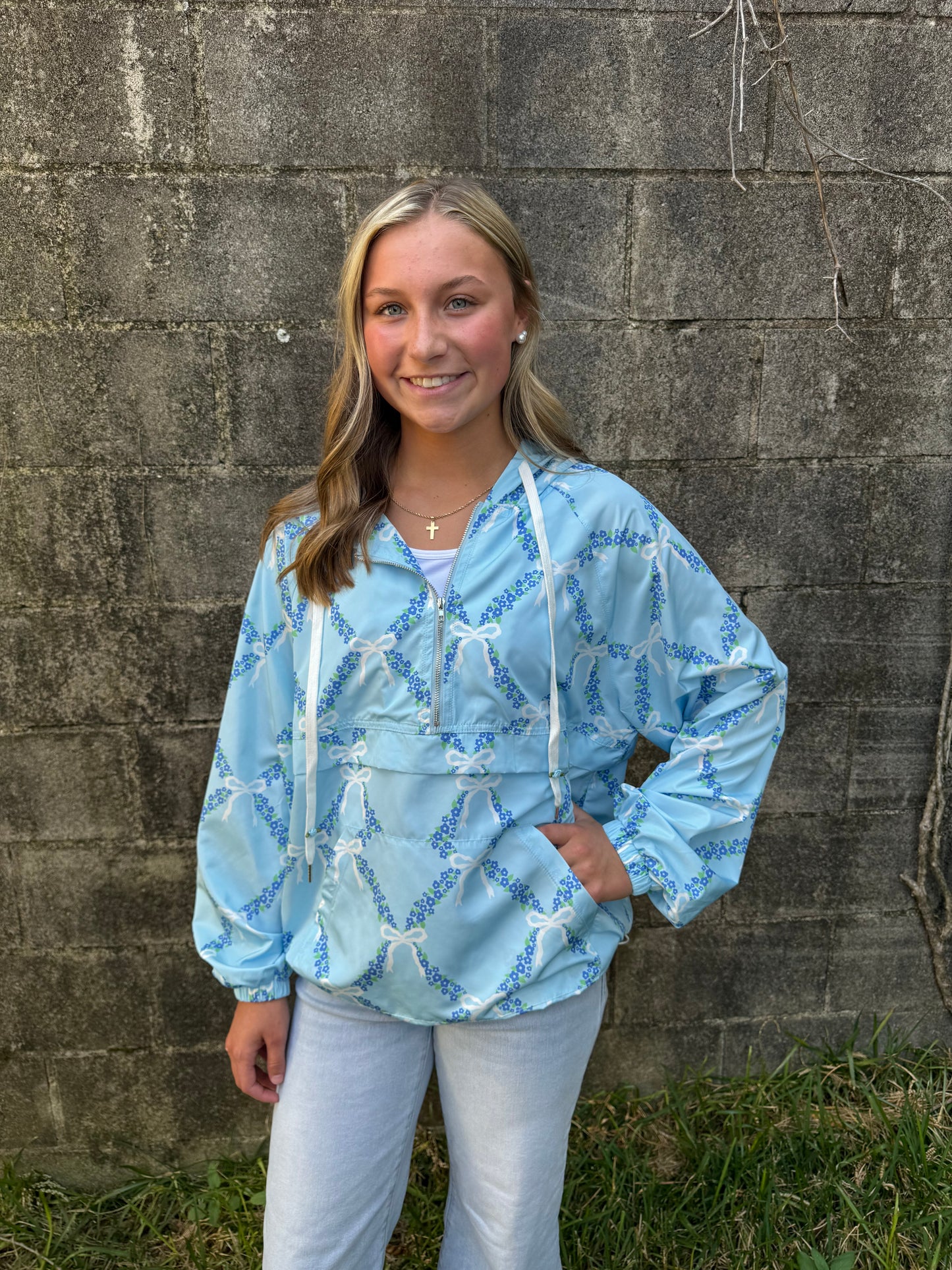 Blue Ribbon And Floral Printed Windbreaker
