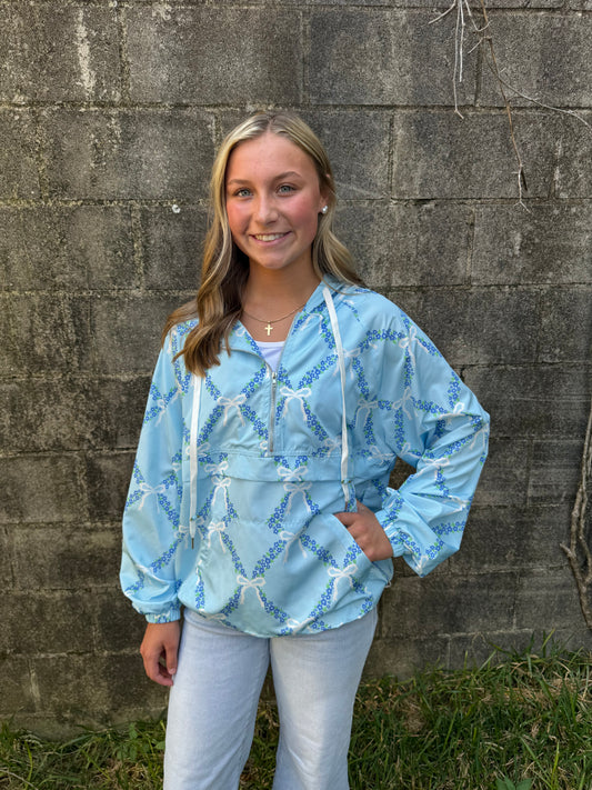 Blue Ribbon And Floral Printed Windbreaker