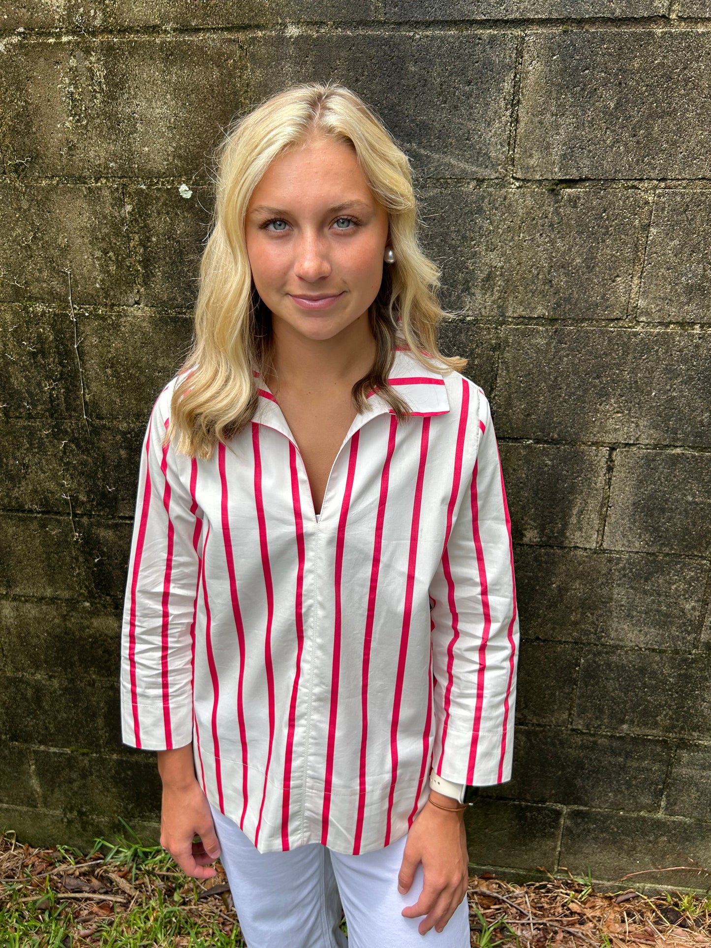 Hot Pink Stripe Stand Collar Blouse