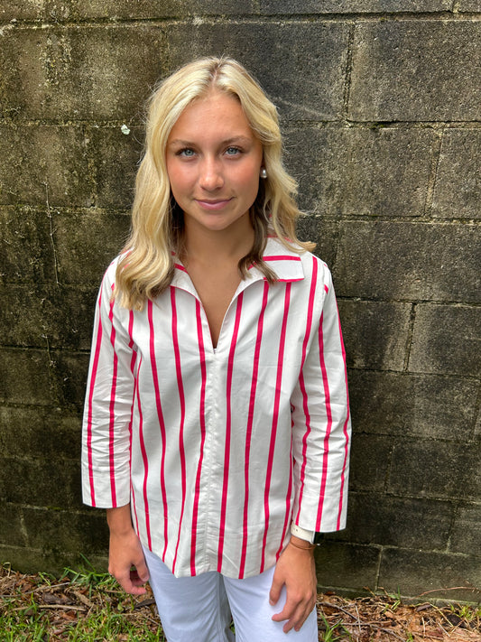 Hot Pink Stripe Stand Collar Blouse