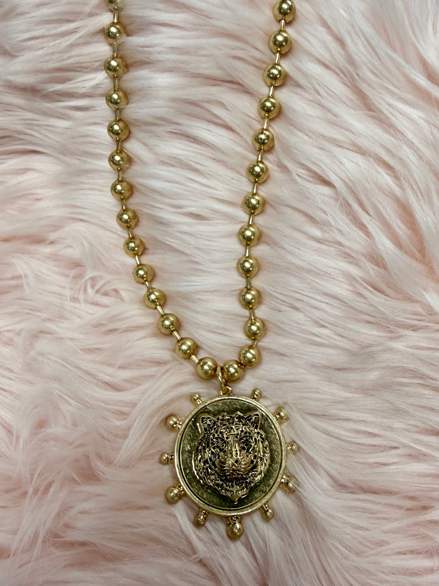 Tiger Coin Medallion Gold Beaded Necklace
