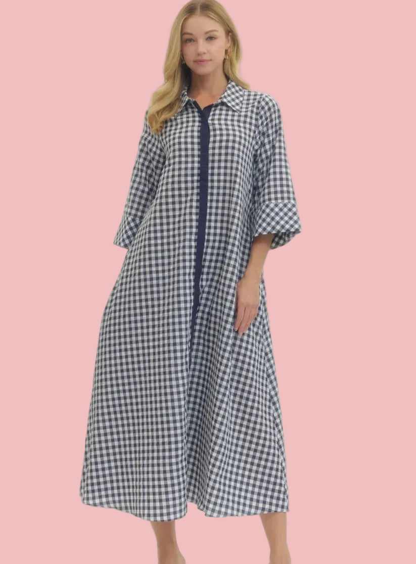 Navy Gingham 3/4 Sleeve Midi Dress