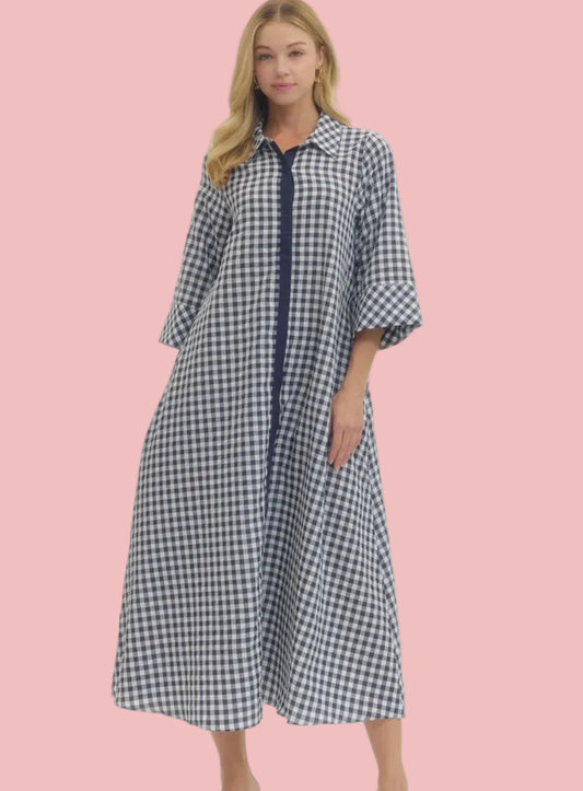 Navy Gingham 3/4 Sleeve Midi Dress