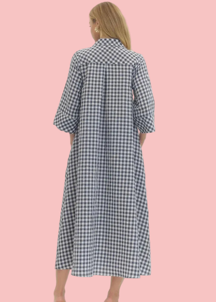 Navy Gingham 3/4 Sleeve Midi Dress