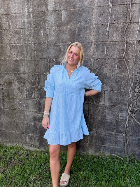 Teal Seersucker Ruffled Sleeve Dress