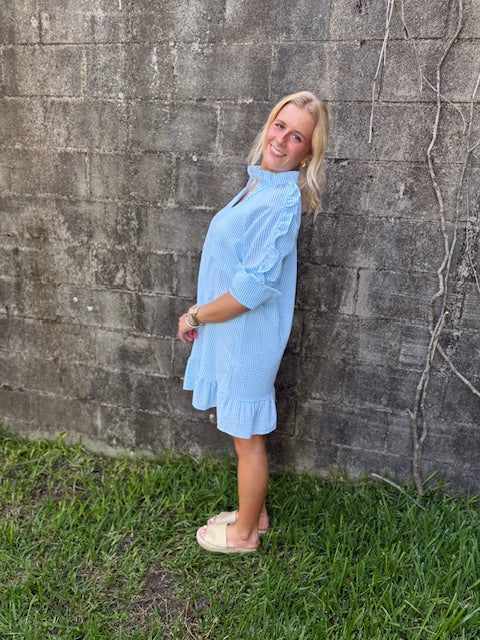 Teal Seersucker Ruffled Sleeve Dress