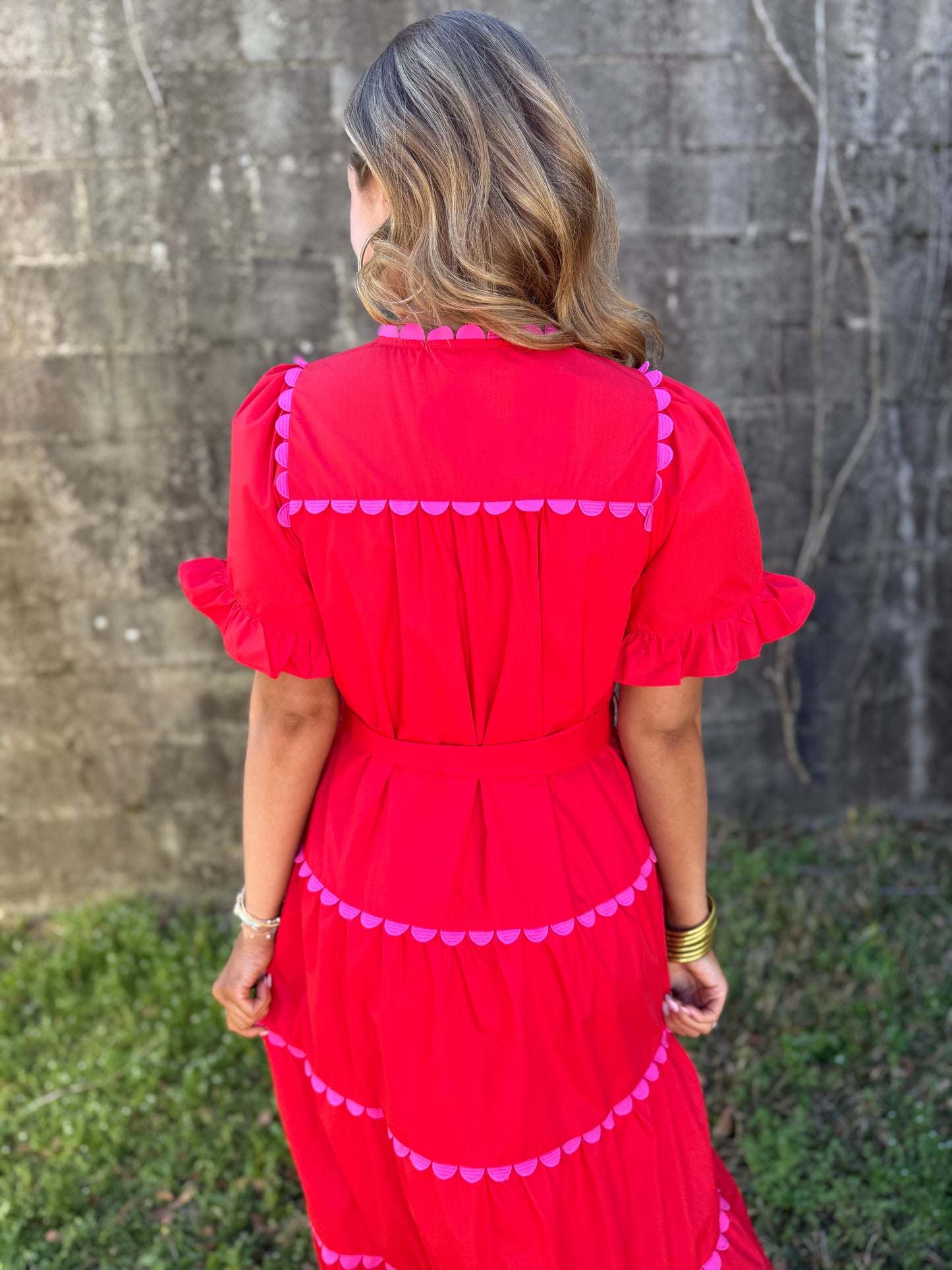 Red/Pink Solid Ruffle Edge Tiered Midi Dress