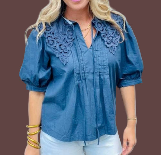 Navy Embroidered Collar Top