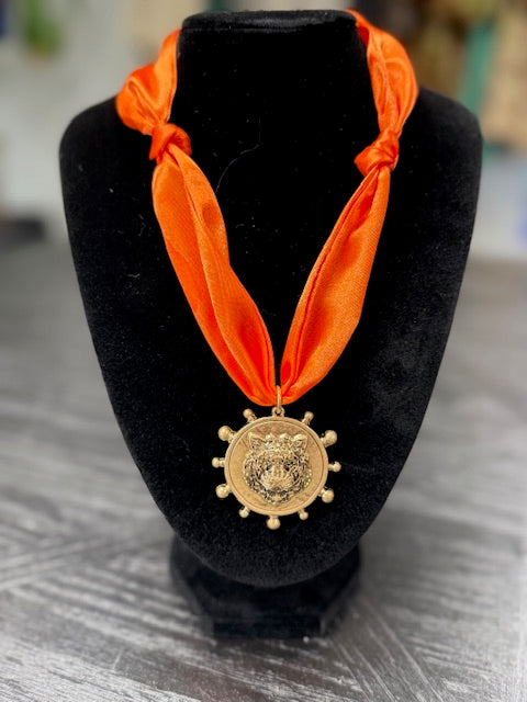 Bright Orange Tiger Scarf Necklace