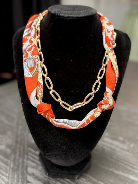 Orange Scarf & Oval Chain Multi Way Necklace