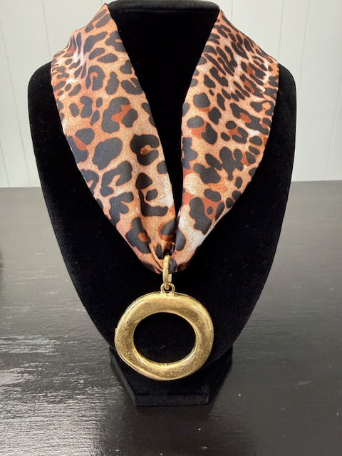 Leopard Scarf Necklace with Round Pendant