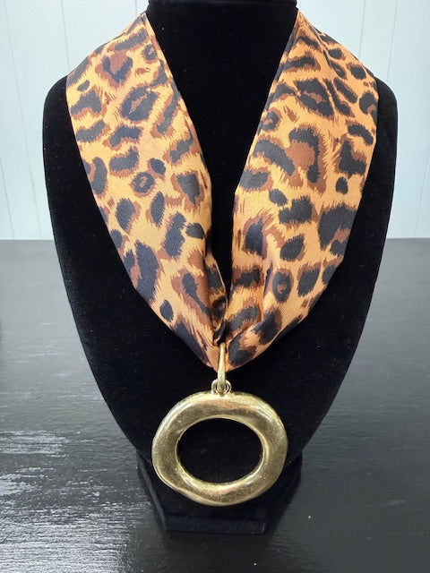 Leopard Scarf Necklace with Round Pendant