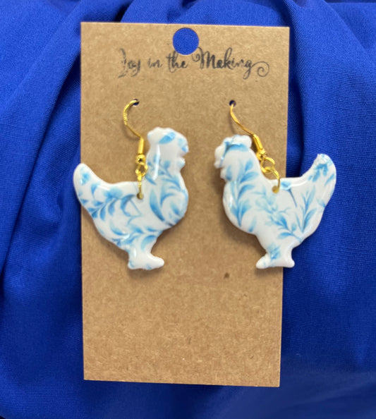 Blue Patterned Chicken Earrings