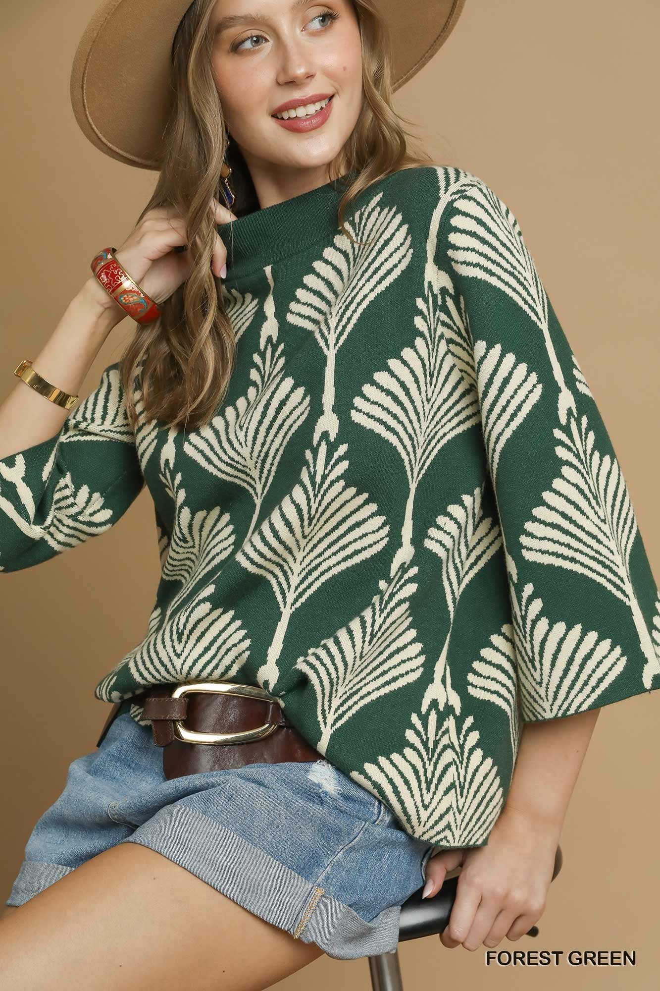 Evergreen Leaf 3/4 Sleeve Sweater