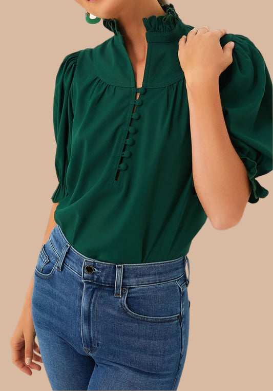 Dark Green Puff Sleeve Top