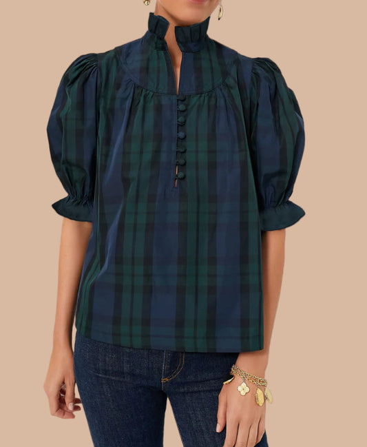 Green/Navy Plaid Puff Sleeve Top
