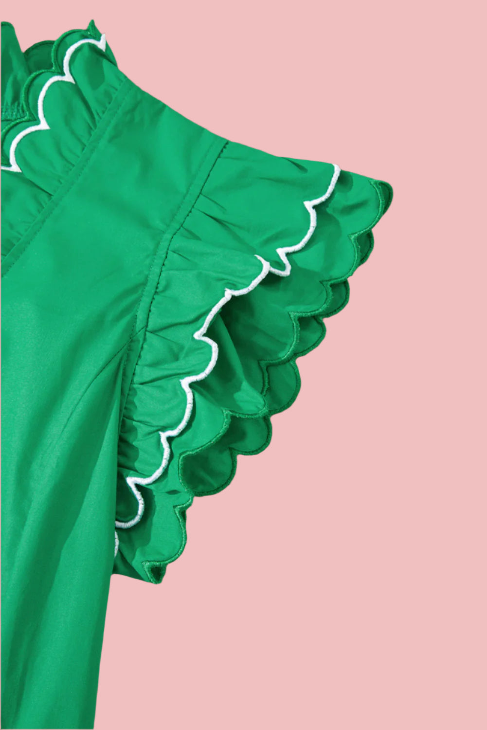 Green Ruffle Sleeve Top with White Scalloped Trim