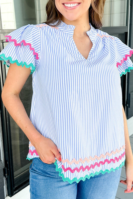 Sky Blue Stripe Ruffled Sleeve Blouse