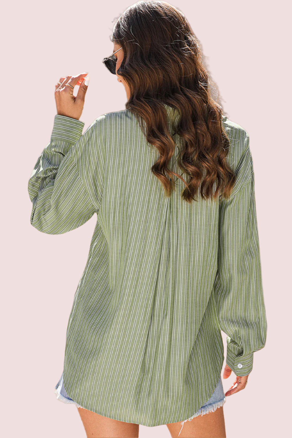 Green Striped Button Up Oversized Top
