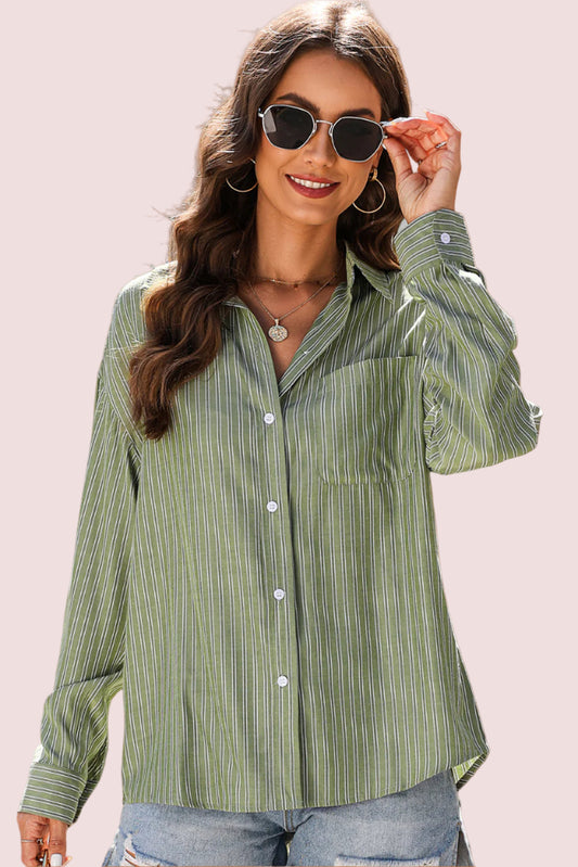 Green Striped Button Up Oversized Top