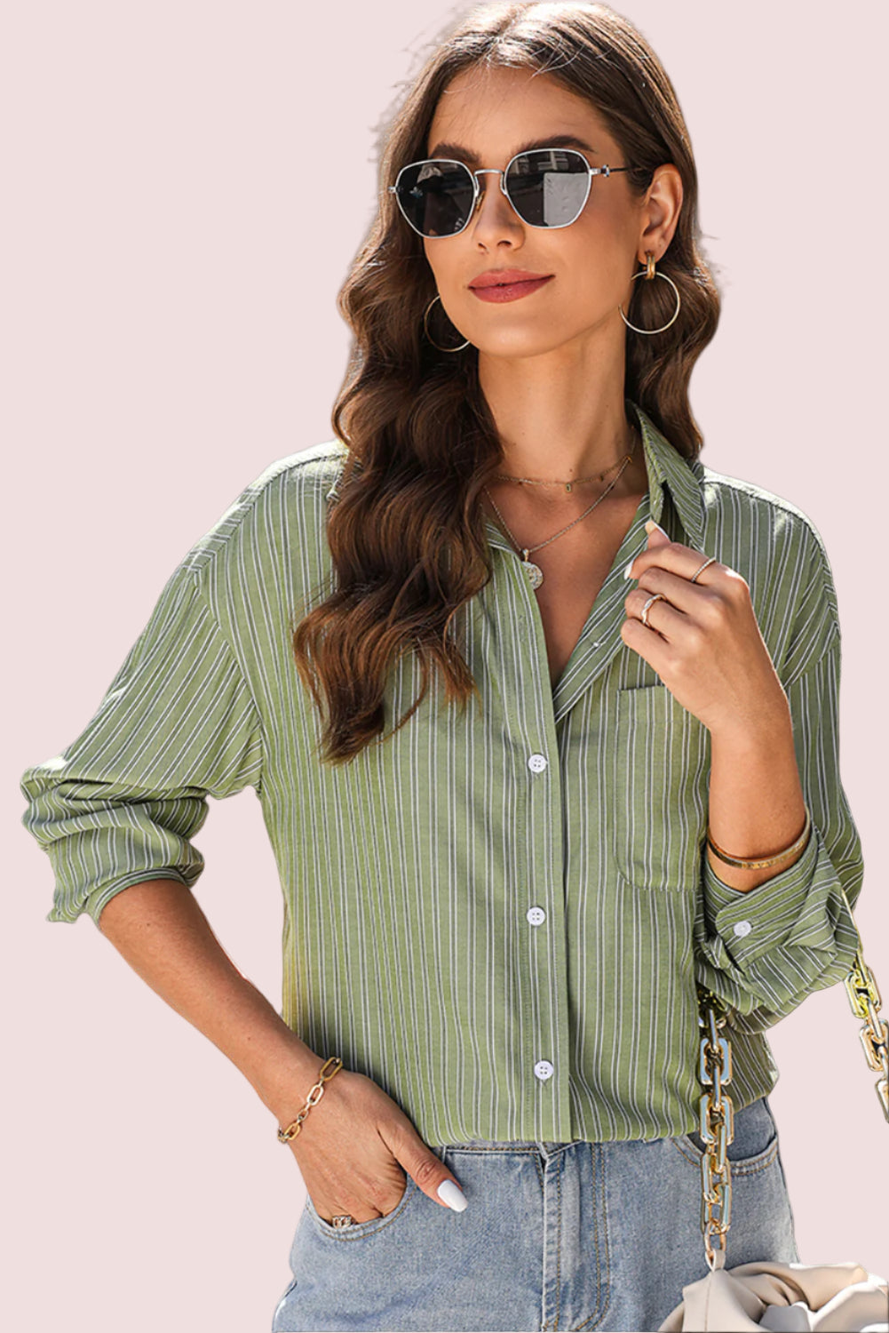 Green Striped Button Up Oversized Top