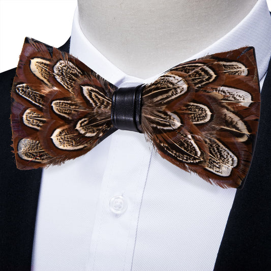 Handmade Brown Pheasant Feather Bow Tie