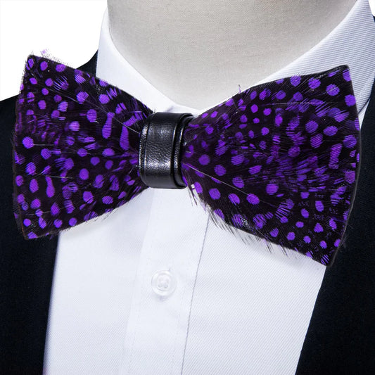 Handmade Purple Polka Dot Feather Bow Tie