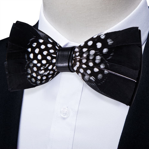 Handmade Black Feather Bow Tie with Black & White Polka Dot Accent