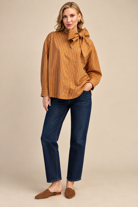 High Neck Camel Stripe Shirt