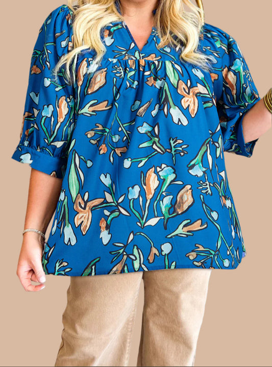 Blue Floral V-Neck Top