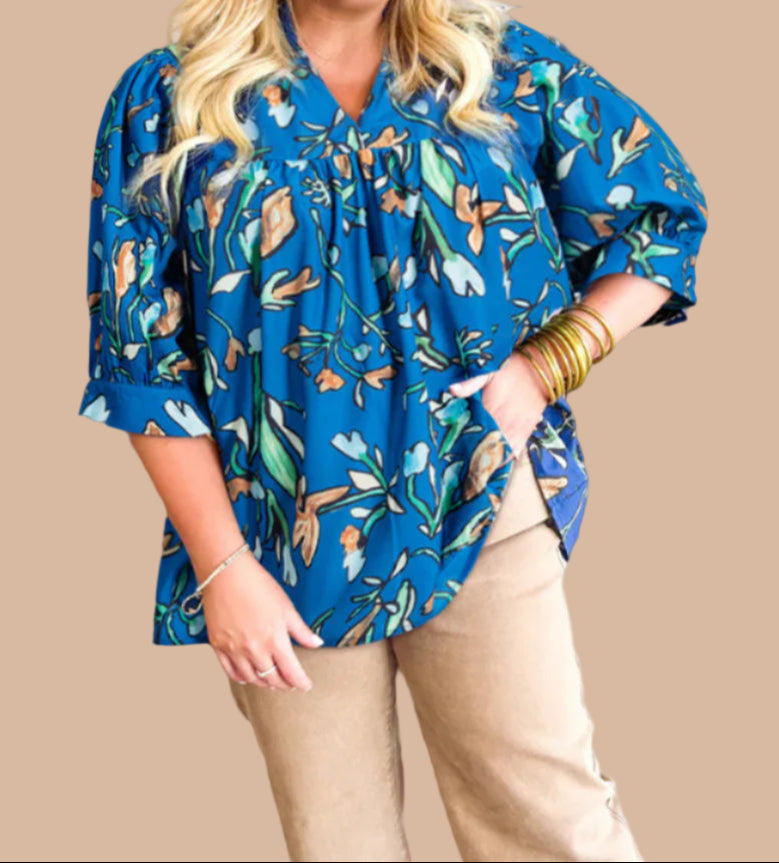 Blue Floral V-Neck Top