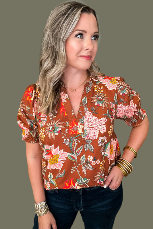 Brown Floral V Neck Top