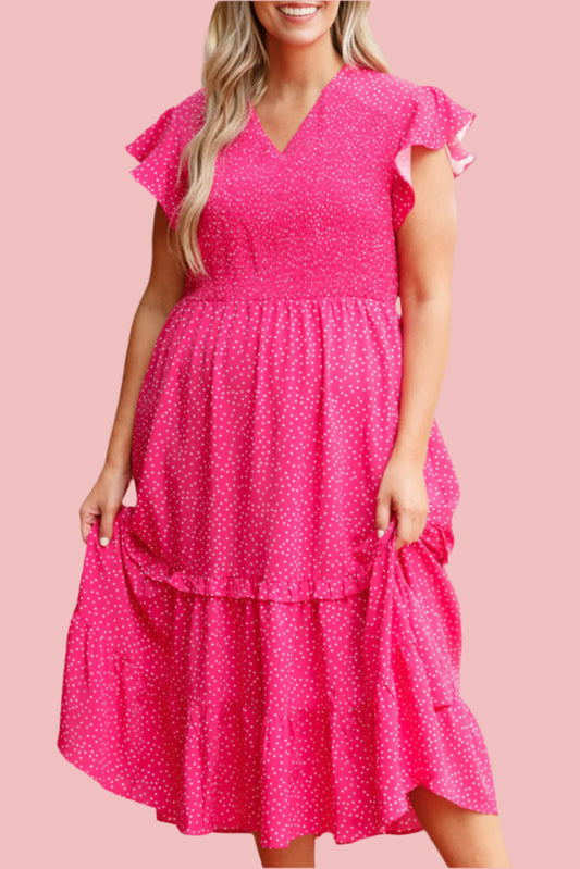Pink Polka Dot Ruffled Smocked High Waist Dress