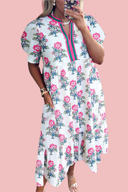 White Floral Print Puff Sleeve Midi Dress
