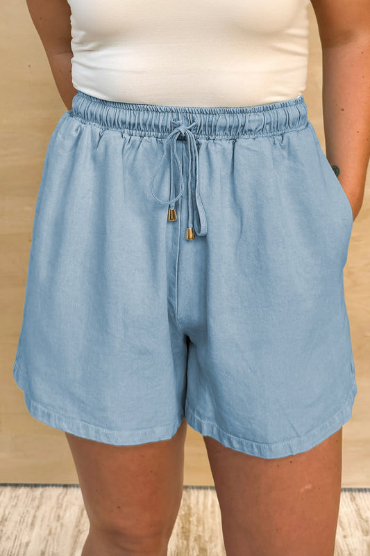 Blue Washed Chambray Drawstring Elastic Waist Shorts