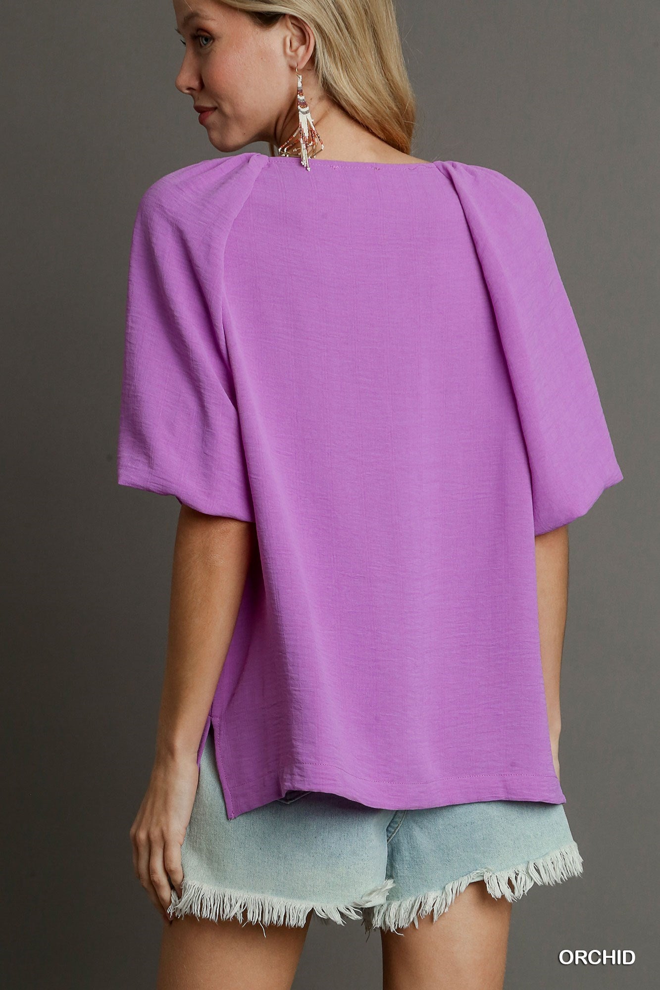 Orchid Woven Round Neck Bubble Sleeve Top