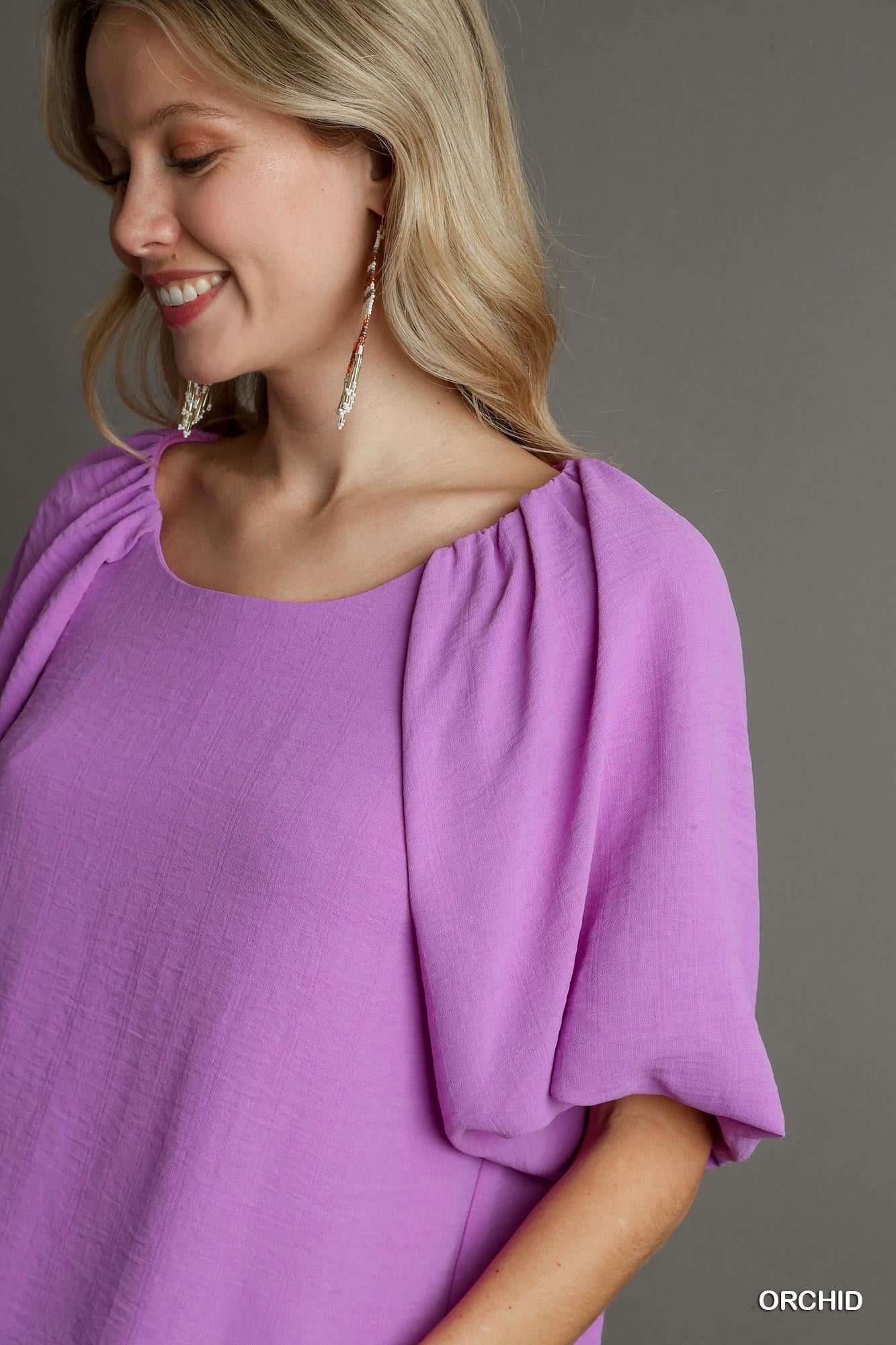 Orchid Woven Round Neck Bubble Sleeve Top