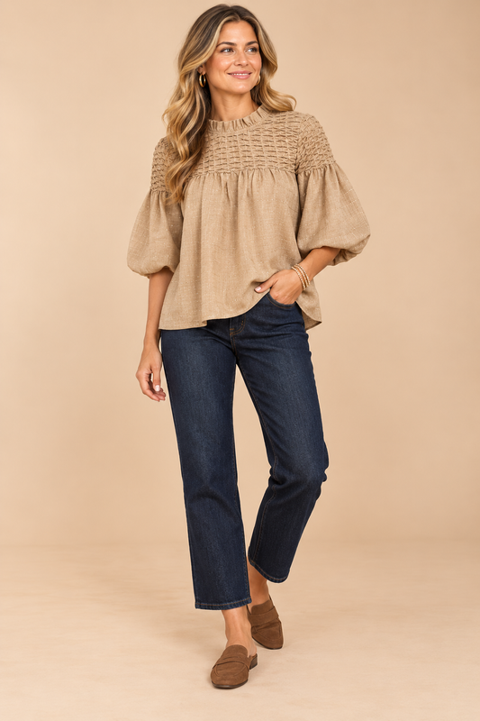 Mocha Woven Bubble Sleeve Blouse